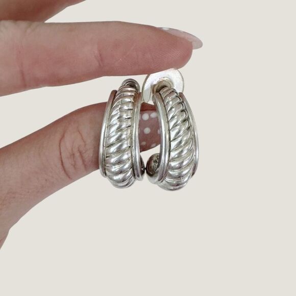 Vintage Silvertone Crescent Half Hoop Earrings - Picture 1 of 5